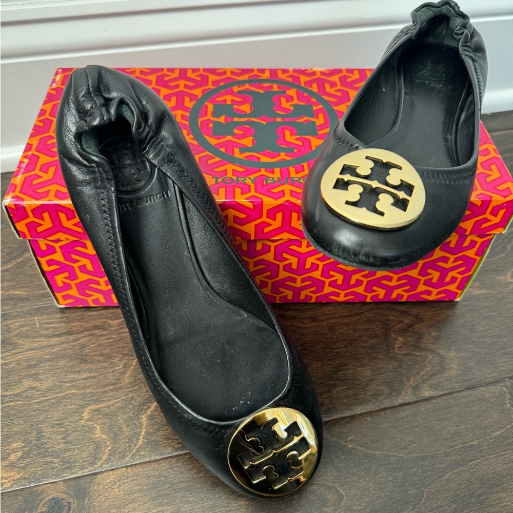Tory Burch Classic Reva Ballet Black/Gold Size 6.5